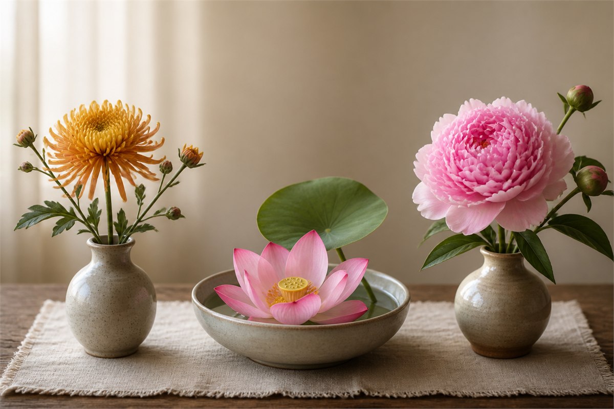 Lotus, chrysanthemum, and peony arranged together with equal visual respect