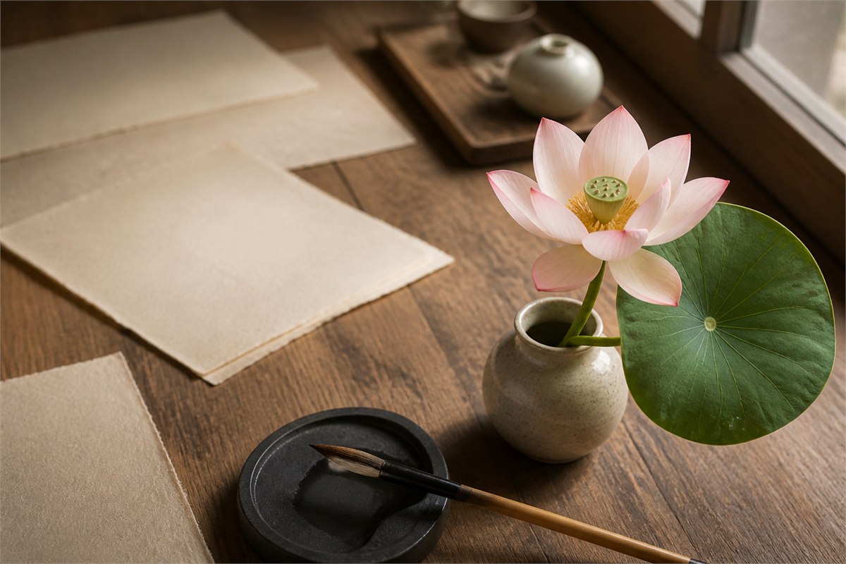 Lotus beside an open blank classical book and writing brush in a quiet study