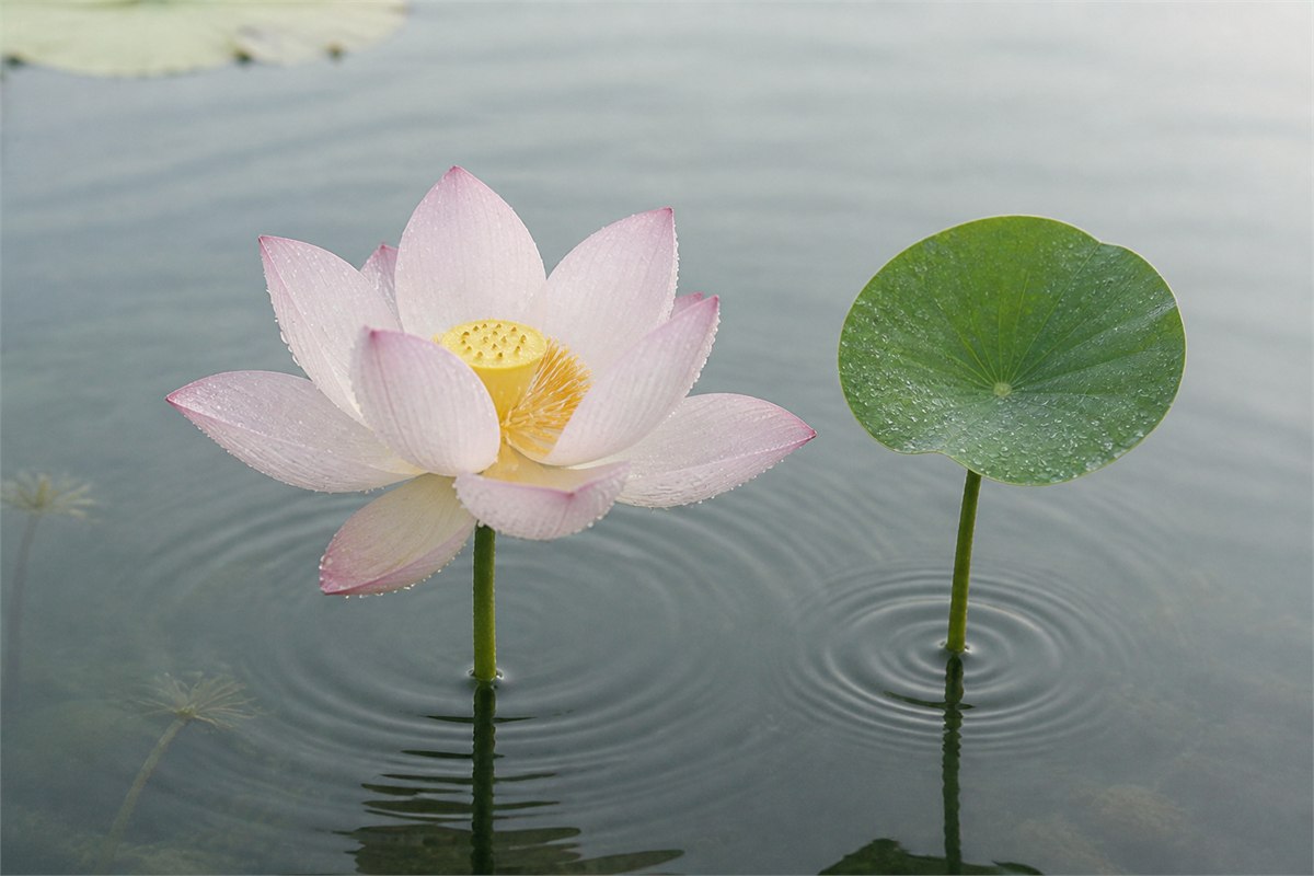 Pale lotus and round leaves touched by clear pond ripples in soft natural light