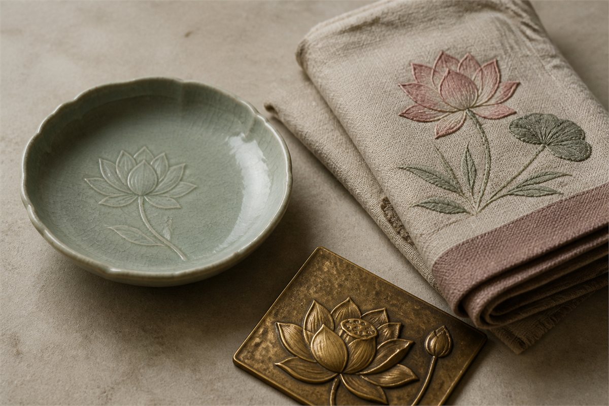 Celadon lotus dish, muted pink lotus embroidery, and brushed brass lotus relief on a neutral table
