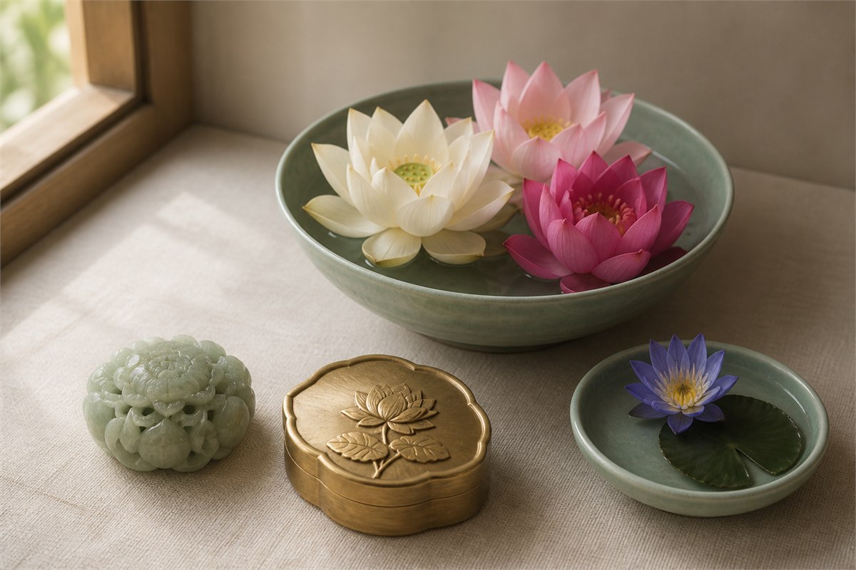 White, pink, and red lotus blooms with a blue water lily and green and gold lotus art objects