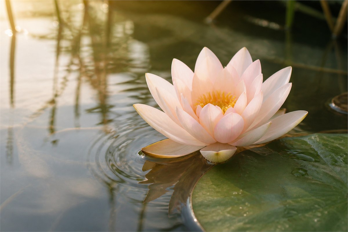 Pale lotus flower rising naturally above still water in soft morning light
