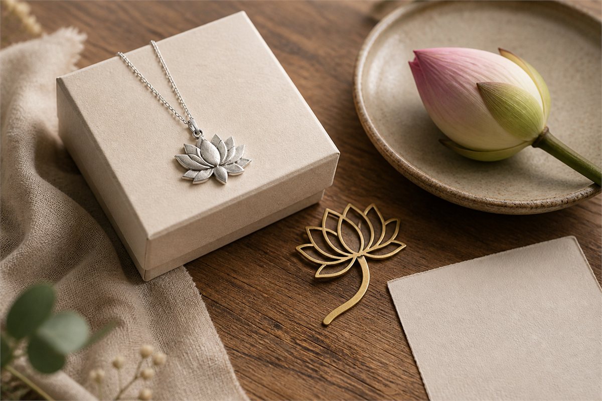 Restrained lotus inspired gift objects arranged with a fresh lotus bud on warm neutral cloth
