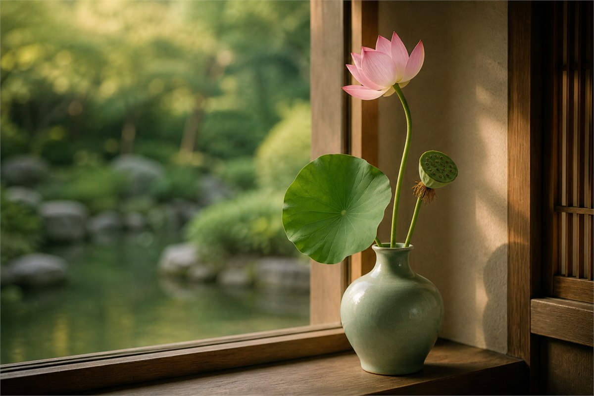 Pale pink lotus, round leaf, and seedpod in a celadon vase by a quiet garden window