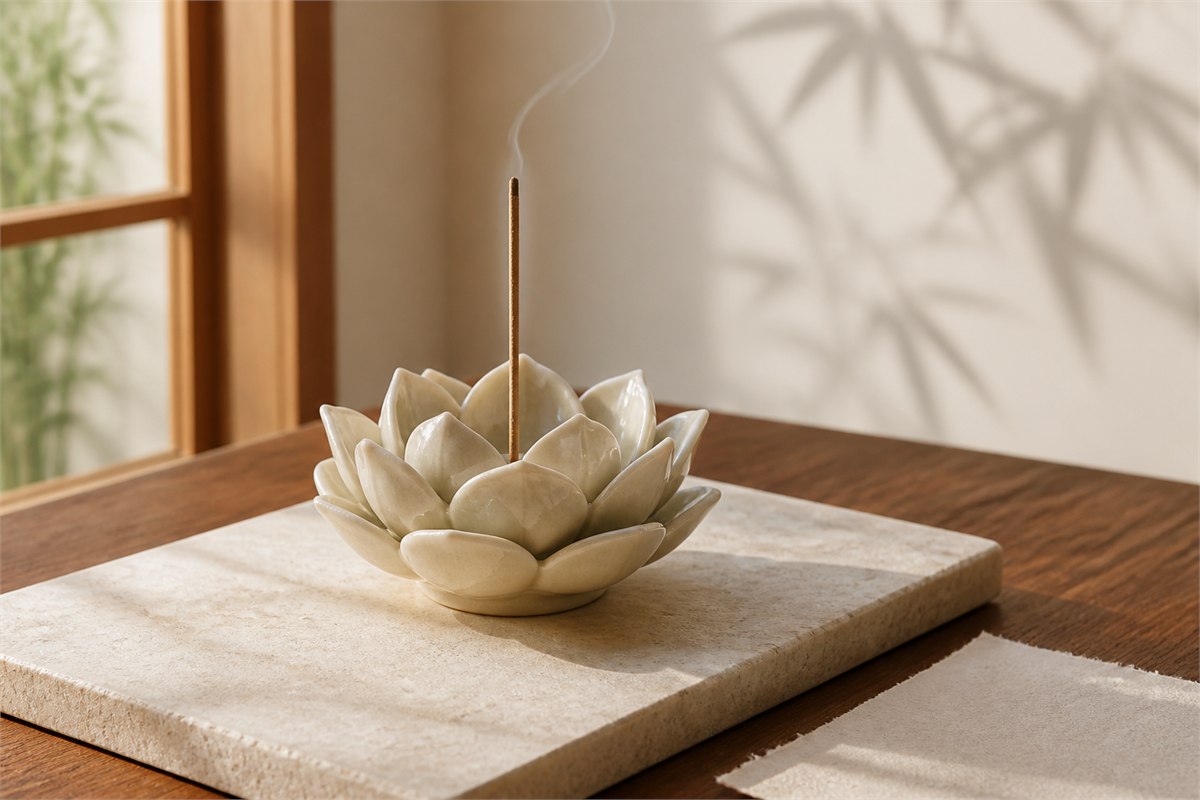 Ivory ceramic lotus incense burner holding one incense stick on a pale stone slab