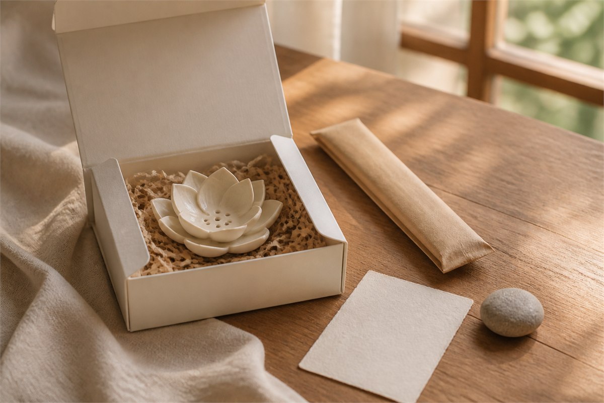 Ivory lotus incense holder in a paper gift box beside a blank note card