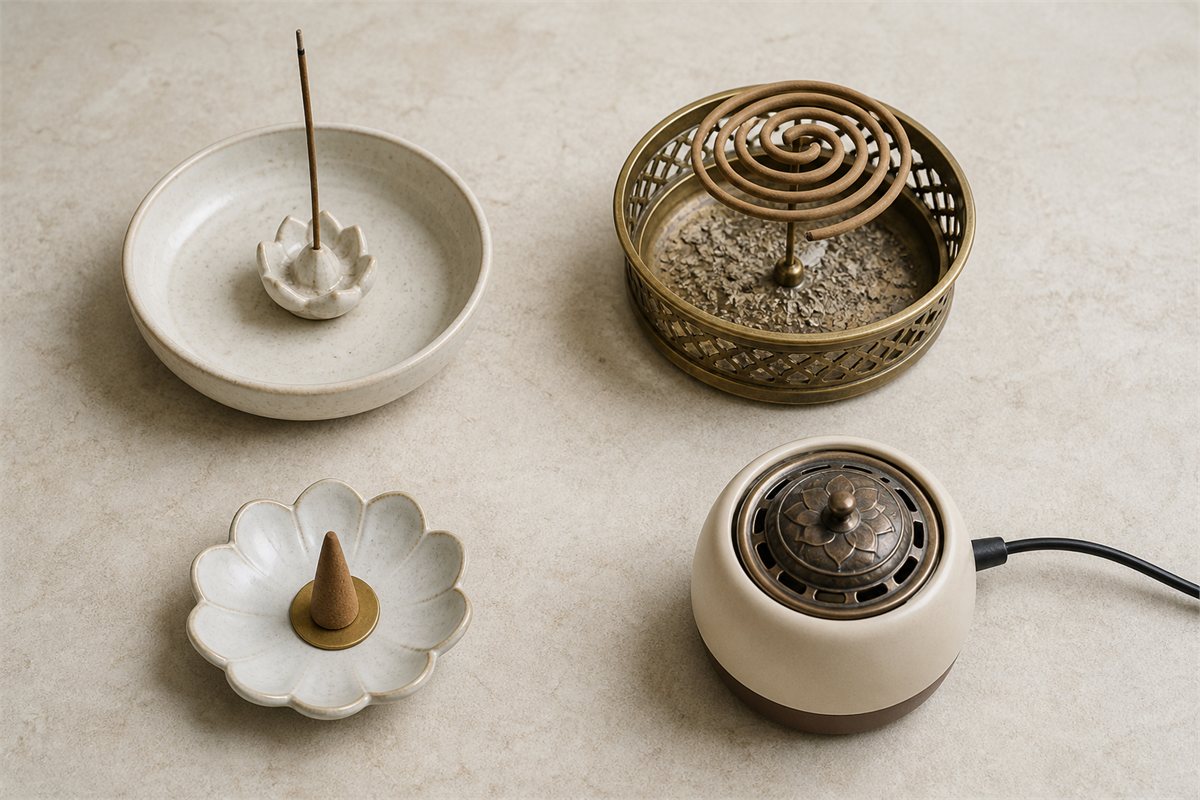 Separate lotus holders for incense sticks, coils, solid cones, and electric heating