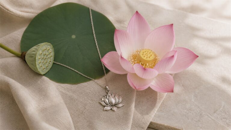 Lotus pendant with a pale pink sacred lotus, round lotus leaf, and seedpod in warm natural light