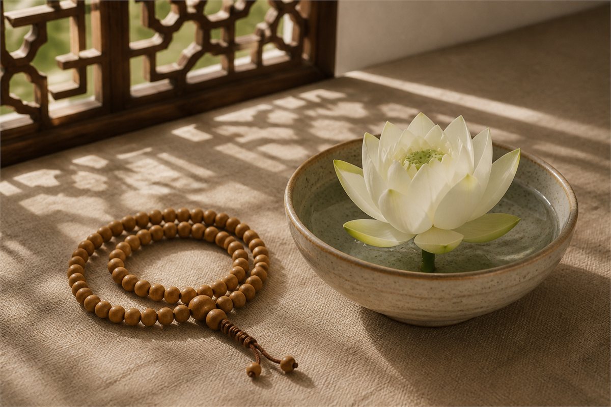 Pale lotus in a ceramic bowl beside a simple wooden mala and carved window shadow