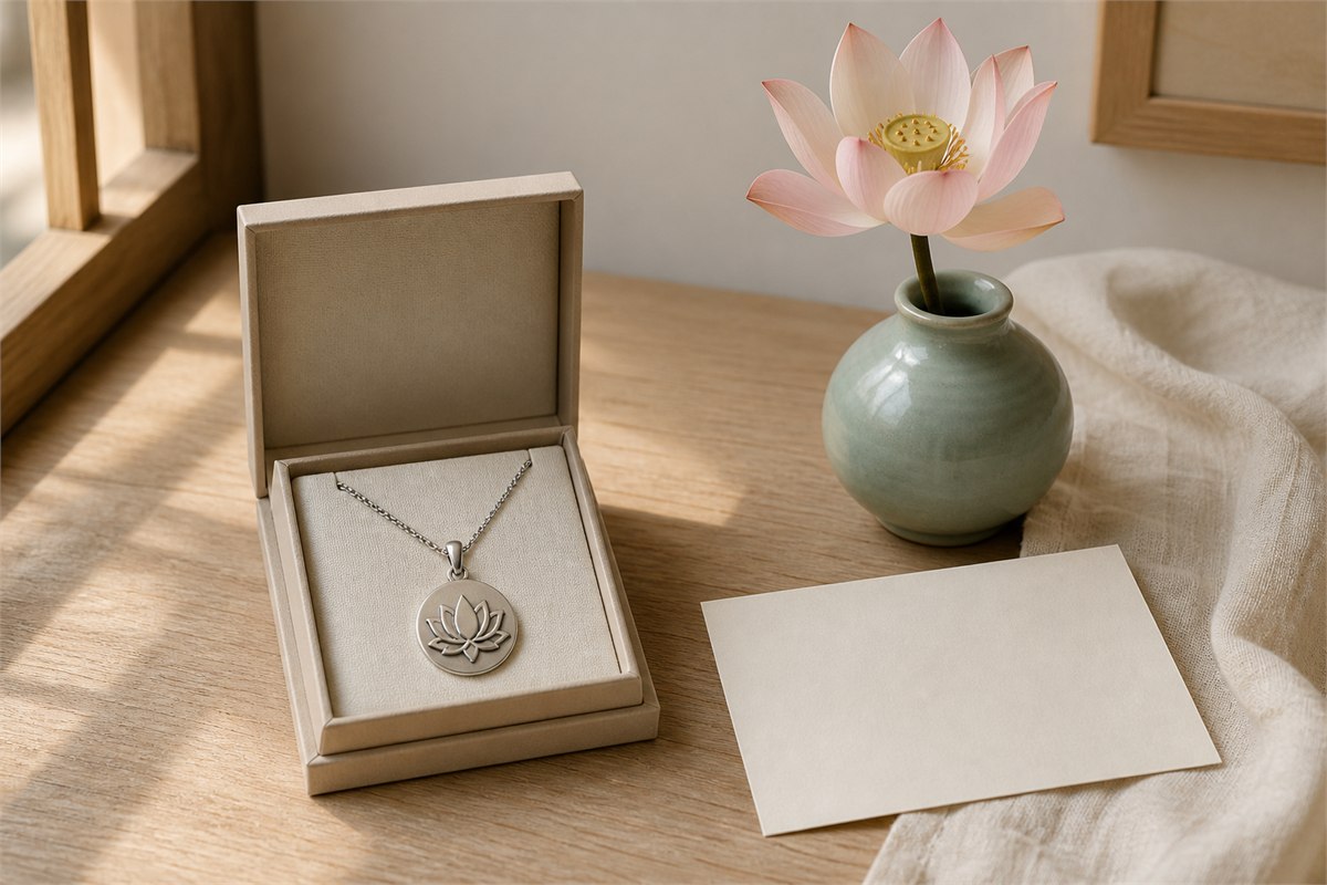 Lotus pendant in a neutral gift box beside a pale pink lotus in a celadon vase and a blank card