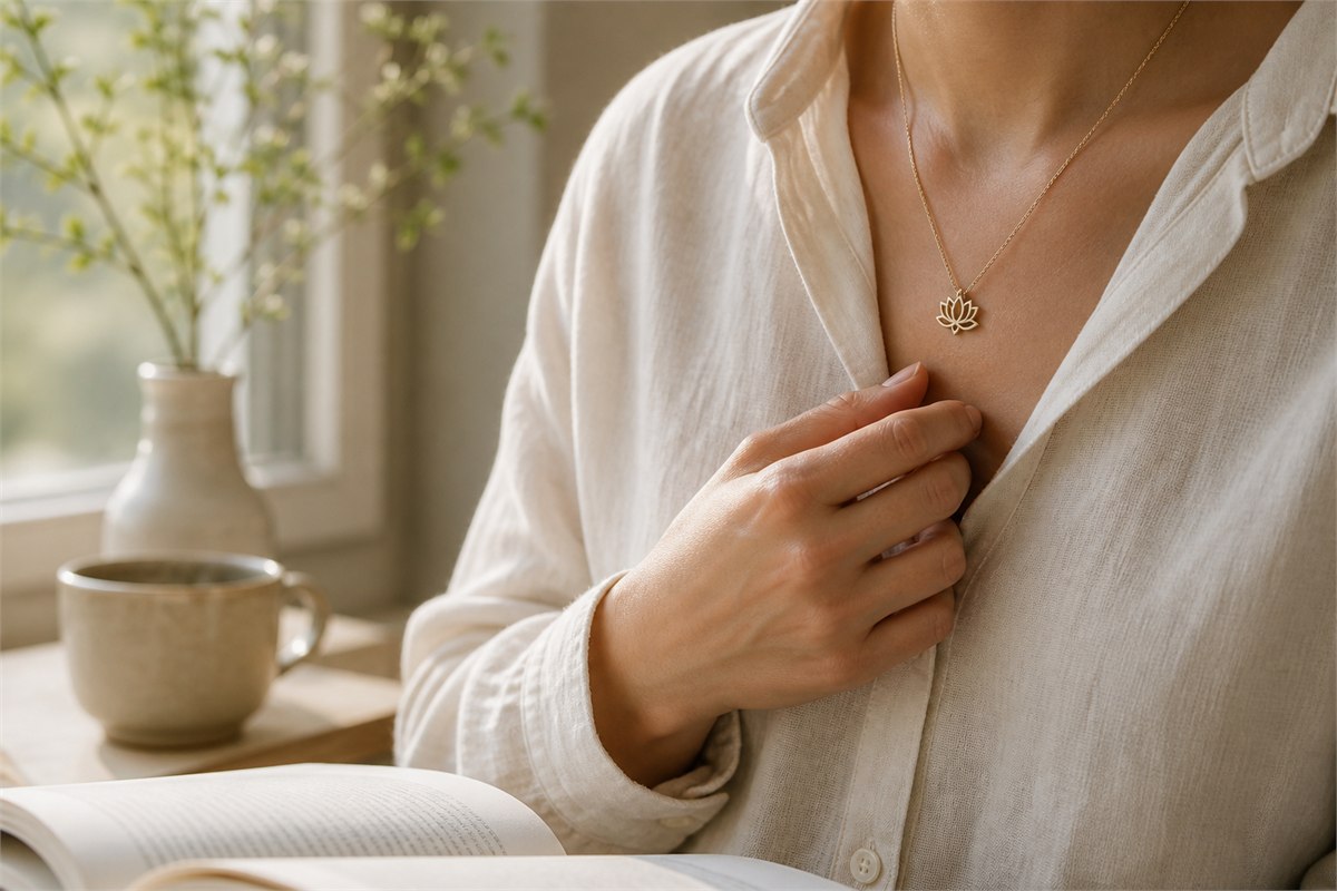 Adult wearing a small lotus pendant over a cream linen shirt beside a book and ceramic cup