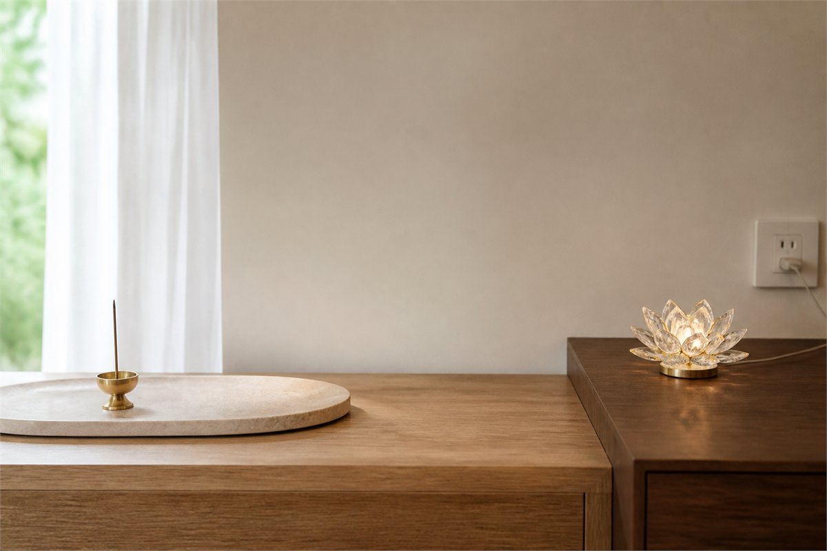 Unlit brass incense holder on a stone tray separated from a decorative glass lotus lamp