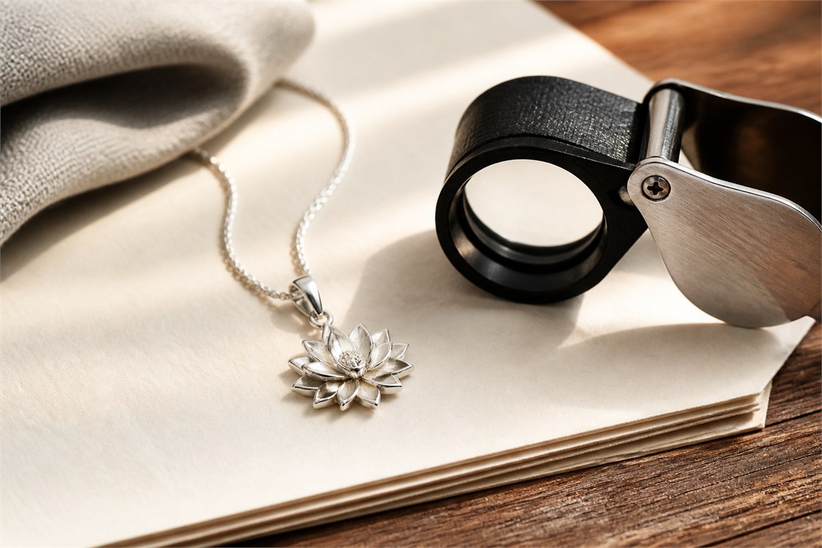 Silver lotus pendant beside a jeweler's loupe on warm handmade paper