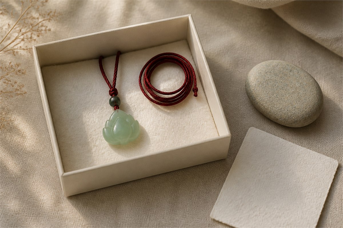 Pale green lotus pendant on dark-red cord inside an ivory paper gift box