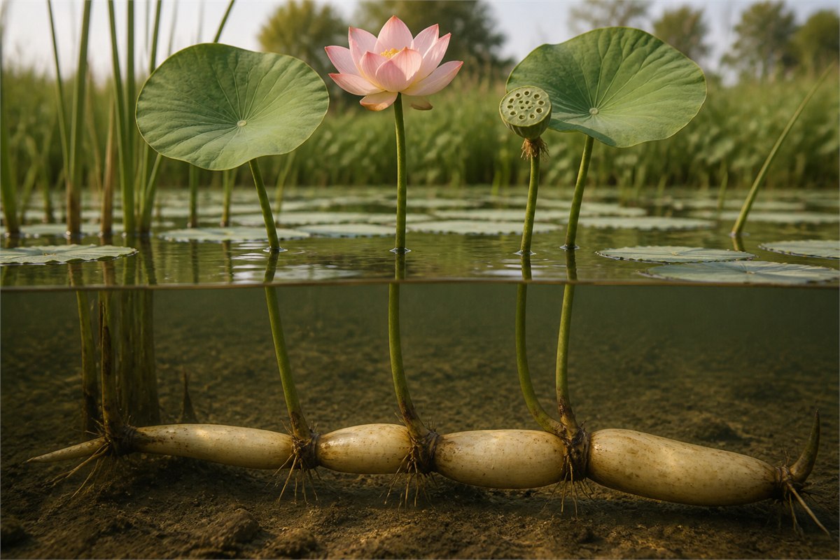 Sacred lotus plant with segmented rhizome underwater, upright stems, leaves, flower, and seedpod