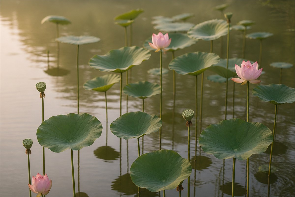 Wide lotus pond with upright flowers, seedpods, and round emergent leaves in morning light