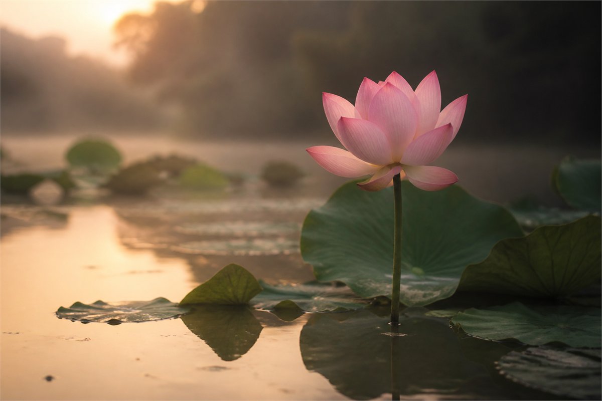 Pale pink Nelumbo lotus blooming above still water and green leaves at dawn