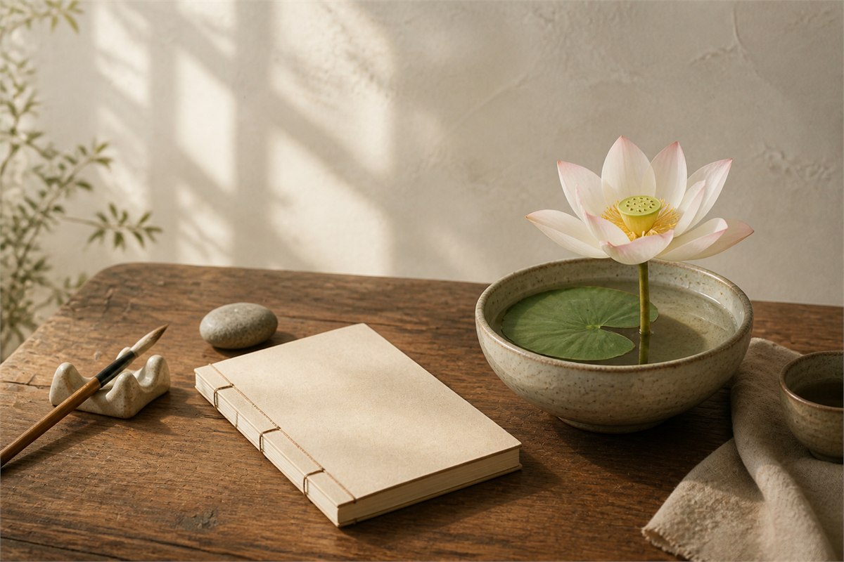 Pale lotus beside simple study materials in warm natural window light