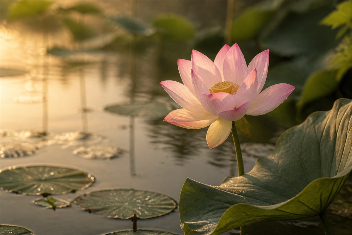 A pale pink lotus opening above a pond in warm morning light