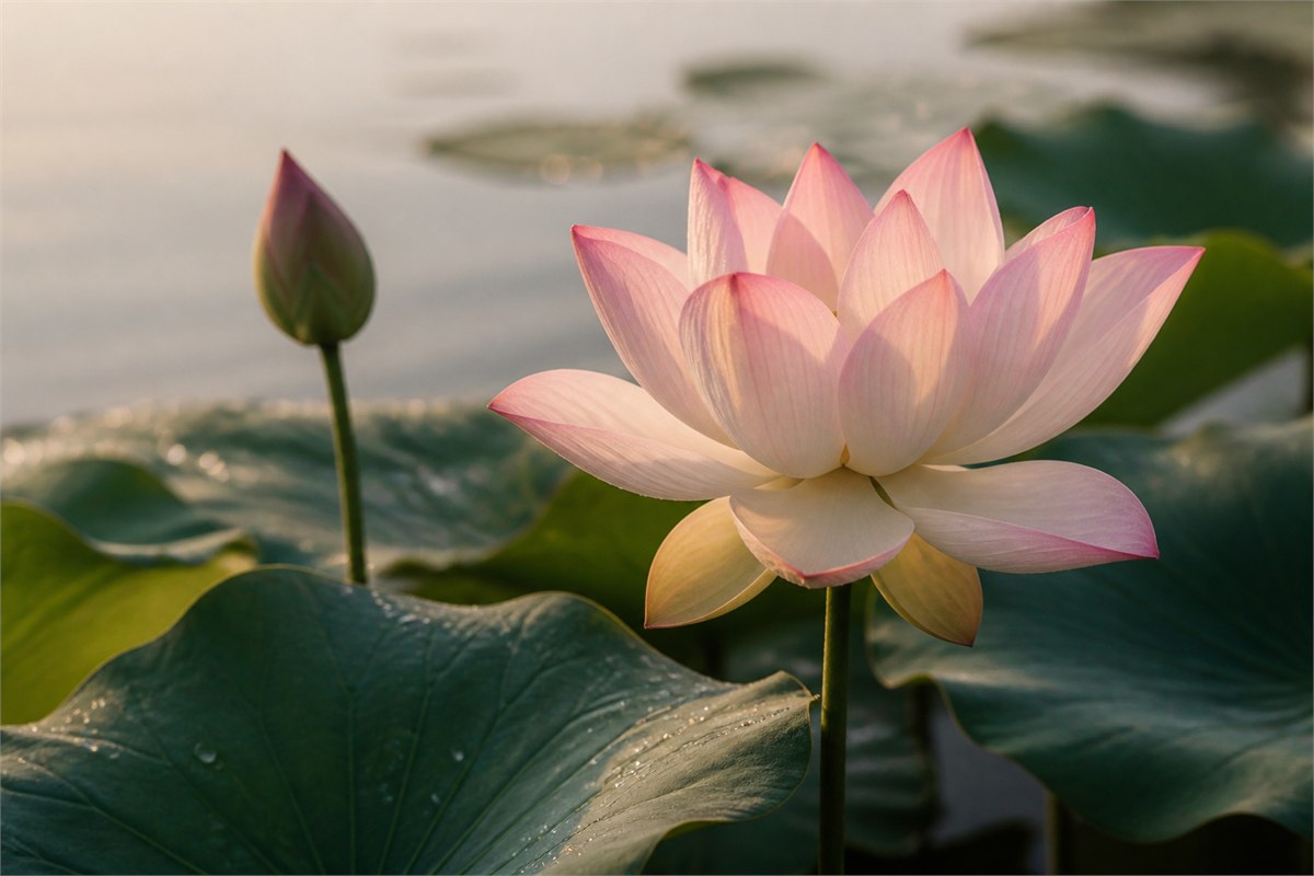 Pink-white lotus opening above broad green leaves with a closed bud nearby