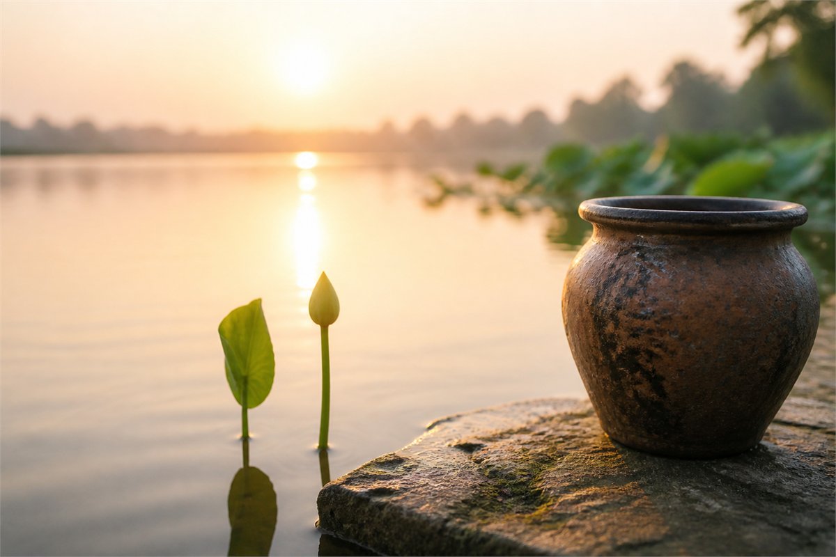 Fresh lotus shoot and unopened bud rising beside a weathered clay vessel at sunrise