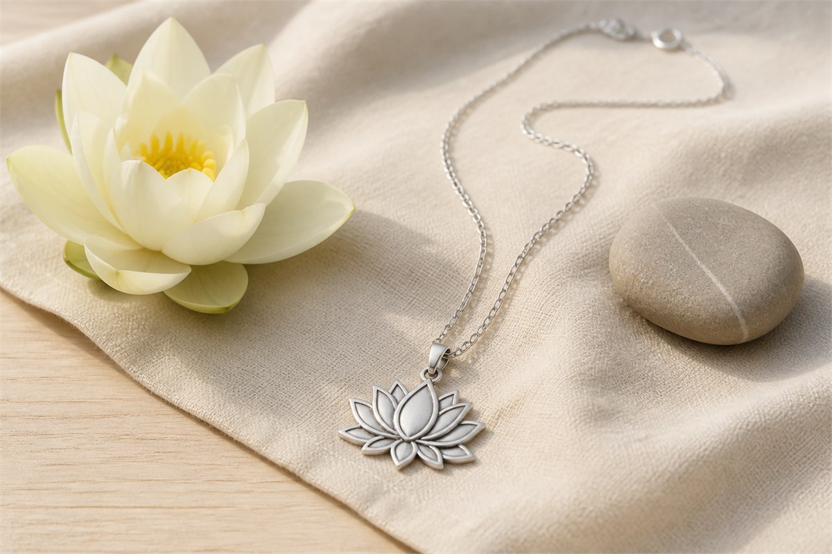 Silver lotus pendant necklace beside a pale lotus blossom and smooth stone on cream linen