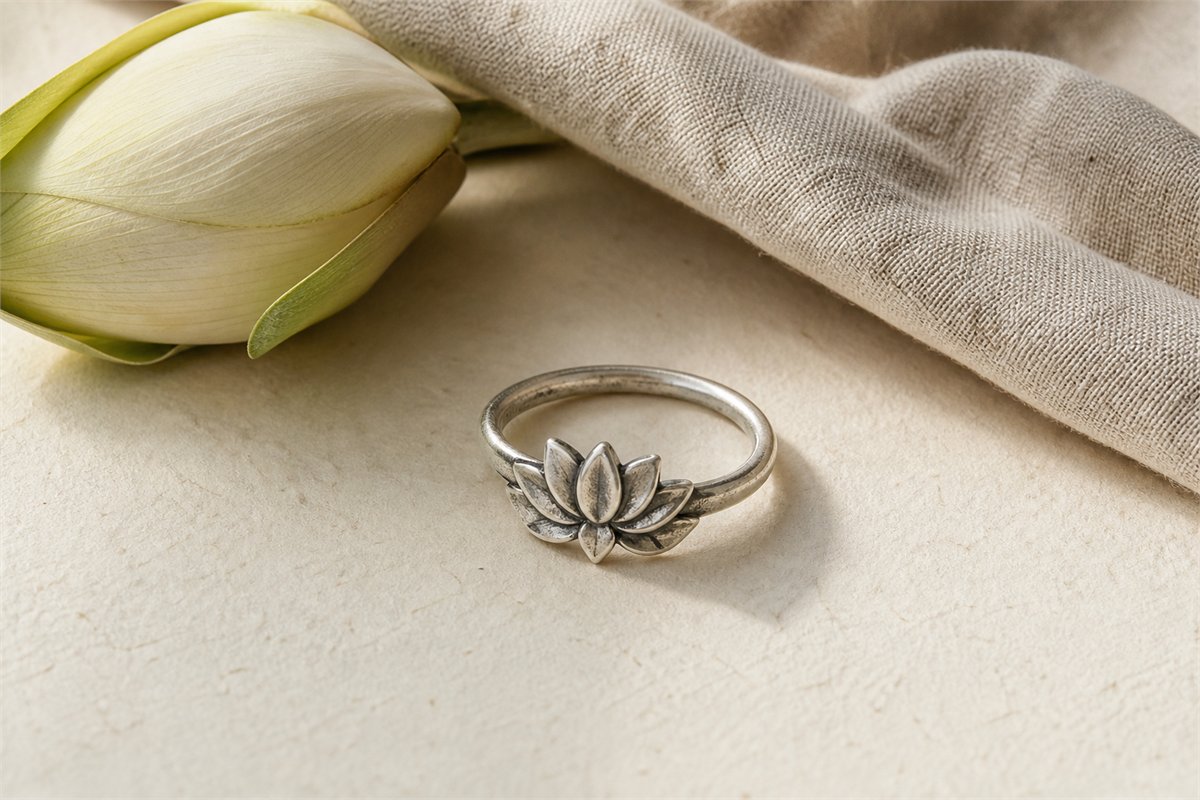 Slim aged silver-toned ring with a low-relief lotus-inspired flower beside a pale flower bud
