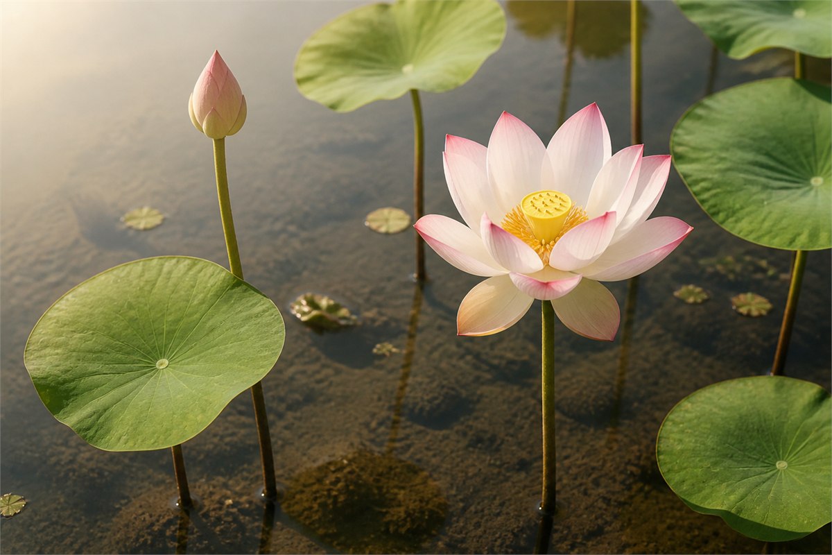 Pale pink sacred lotus rising above clear pond water and round emergent leaves