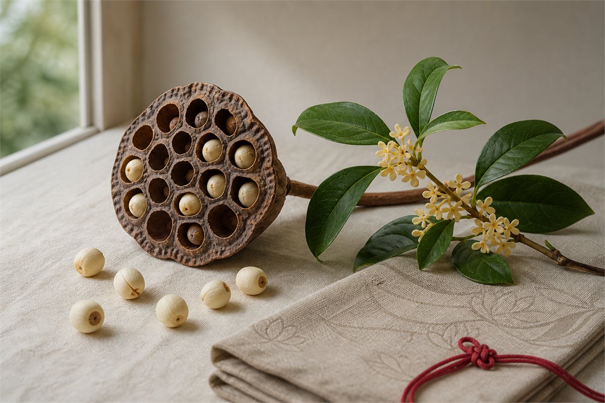 Mature lotus seedpod, loose lotus seeds, and pale osmanthus flowers on warm ivory linen