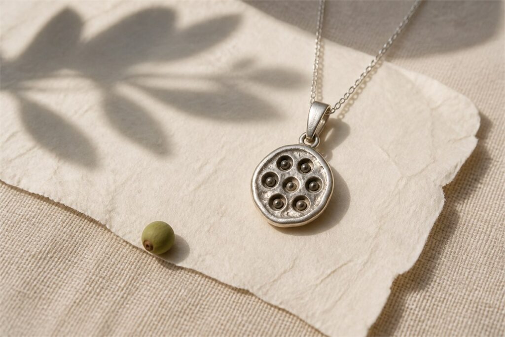 Matte silver lotus seedpod pendant with a complete bail and fine chain on ivory paper