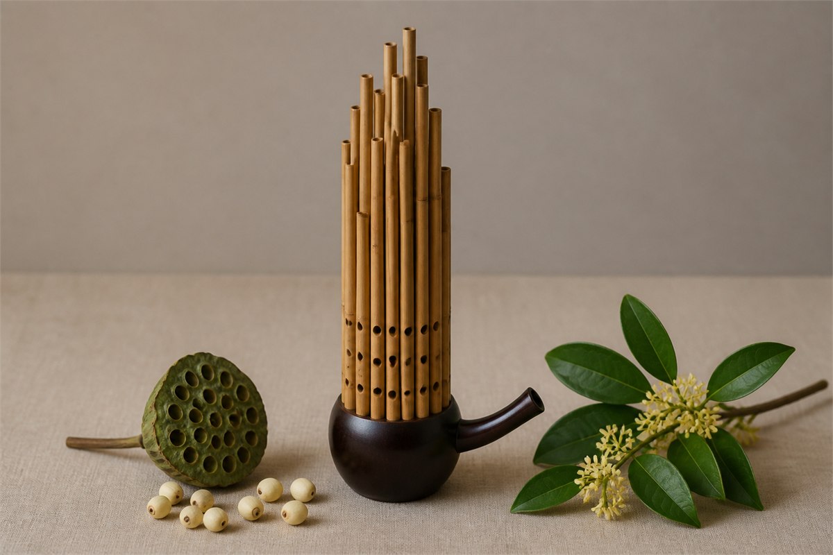 Lotus seedpod and seeds beside a traditional Chinese sheng and an osmanthus sprig