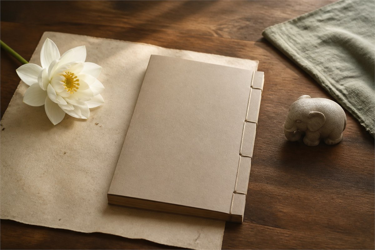 Blank traditional bound book beside a white lotus and a small stone elephant on a wooden table