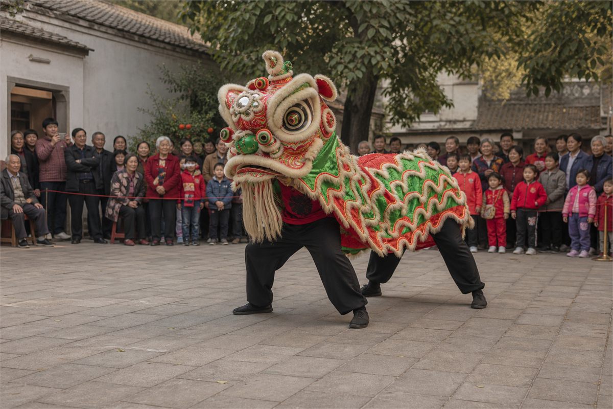 Southern lion dance performing in a courtyard as neighbors watch behind a safety boundary
