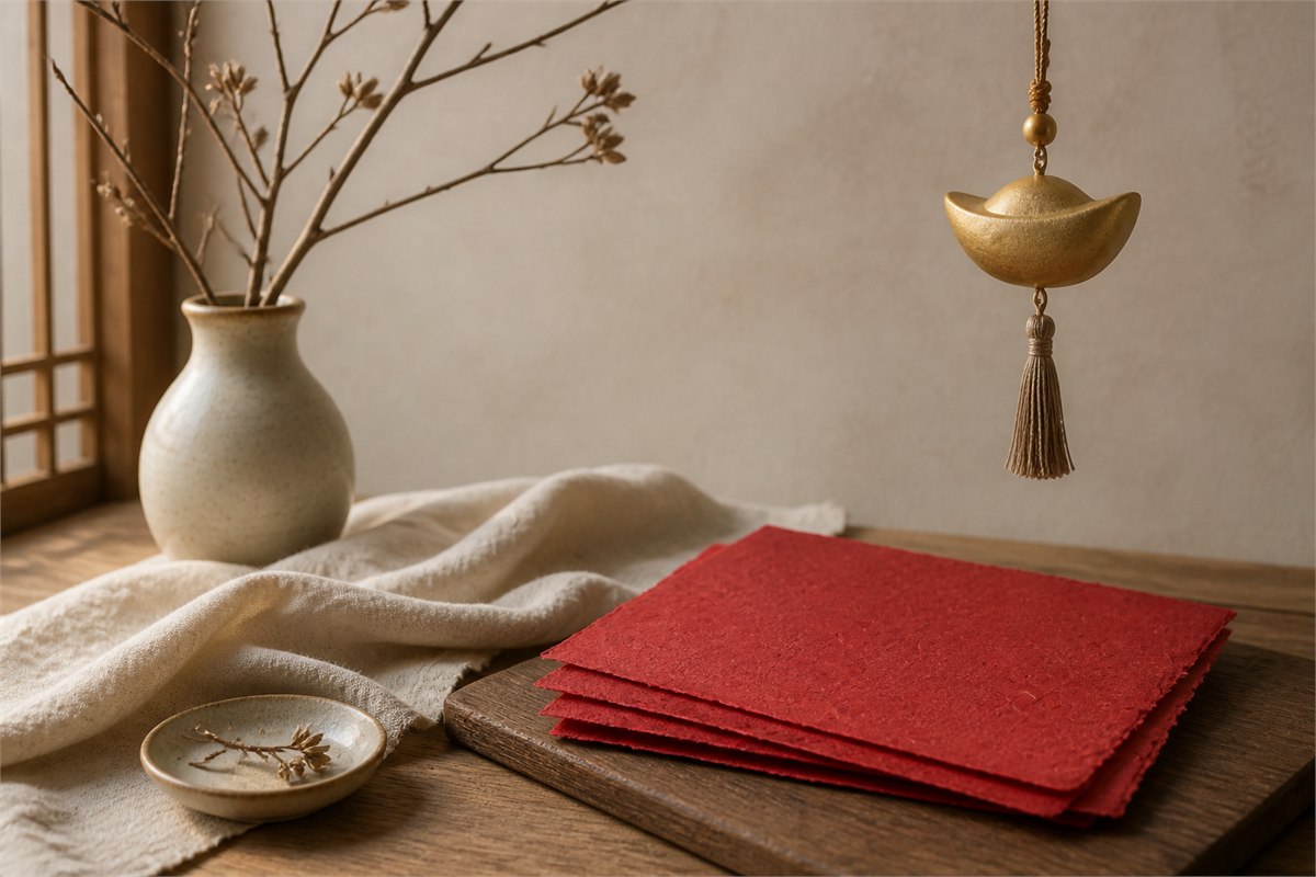 Plain gold-colored sycee ornament beside folded red paper and budding branches in soft window light