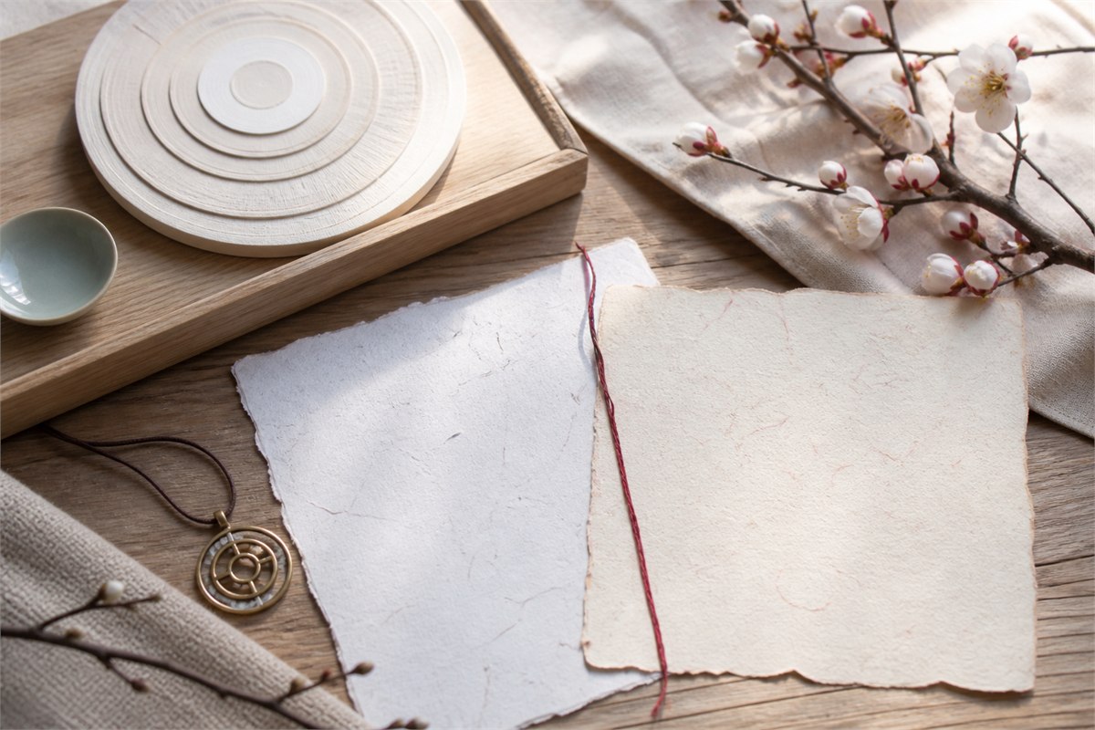 Two blank handmade calendar sheets divided by a red thread beside a circular pendant and plum blossoms