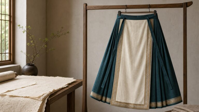 Teal and ivory ma mian qun displayed on a wooden garment stand in a naturally lit textile studio
