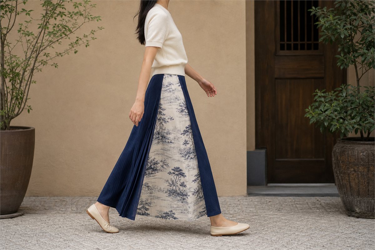 Person walking in an ink-blue ma mian qun with a flat panel and side pleats moving with the stride