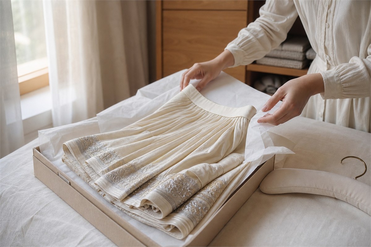 Hands placing acid-free tissue around a folded ivory pleated skirt beside a padded hanger