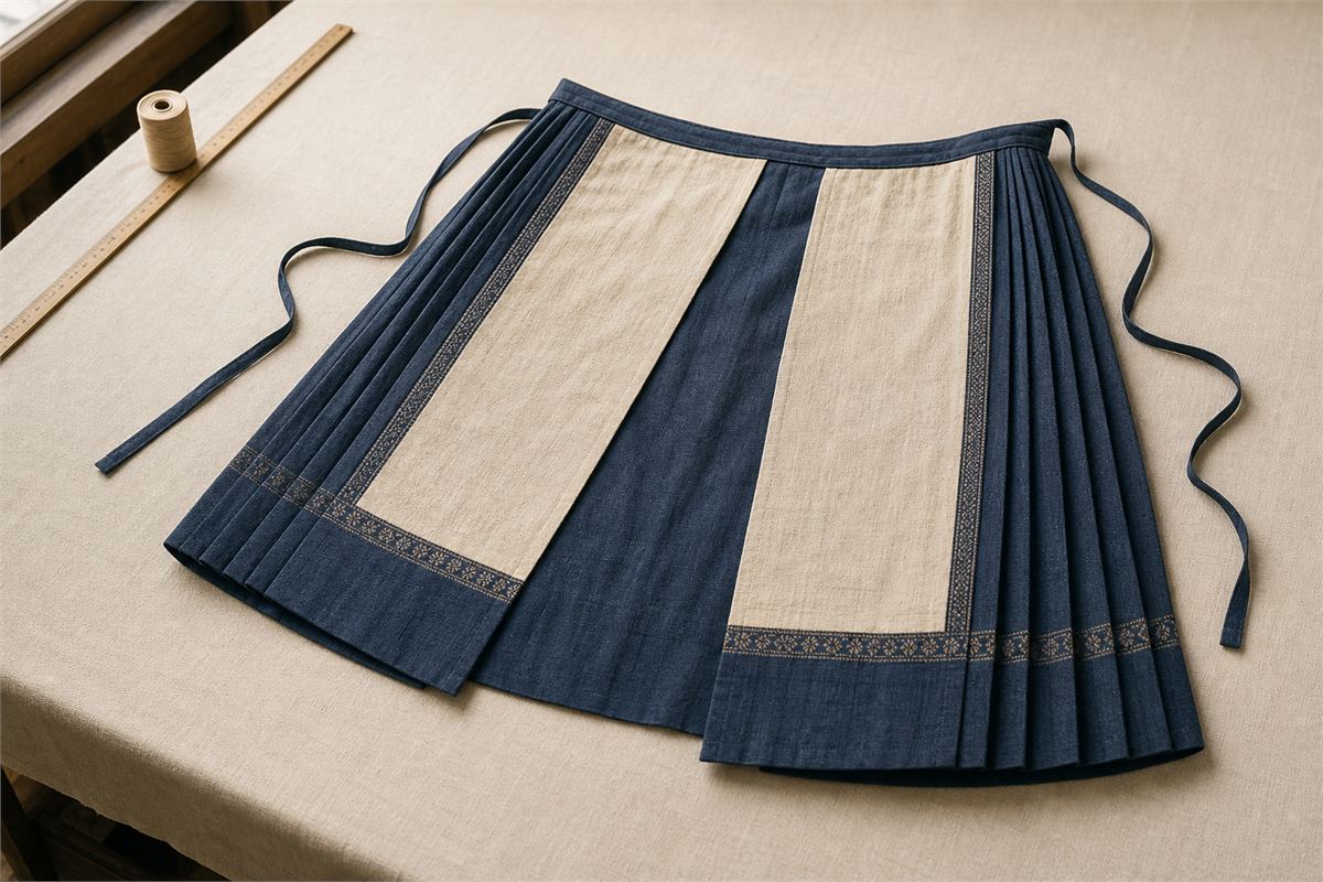 Ma mian qun laid open on a tailor's table with flat panels, side pleats, waistband and ties visible
