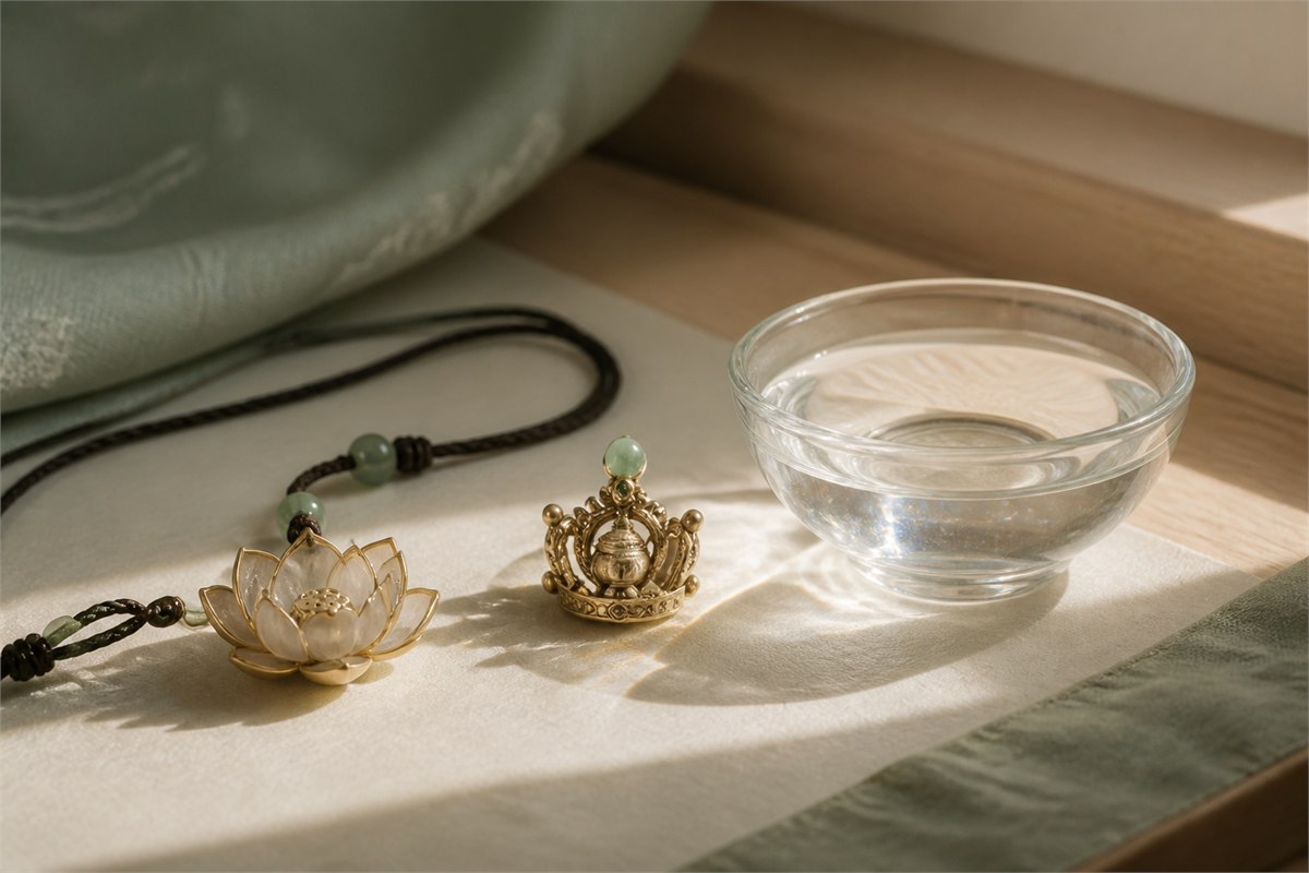 Lotus pendant beside a small crown ornament with a vase motif and a clear bowl of water in sunlight