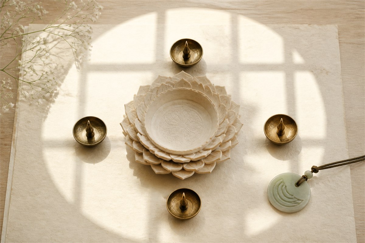 Empty pale lotus seat surrounded by four small brass lamps in natural window light