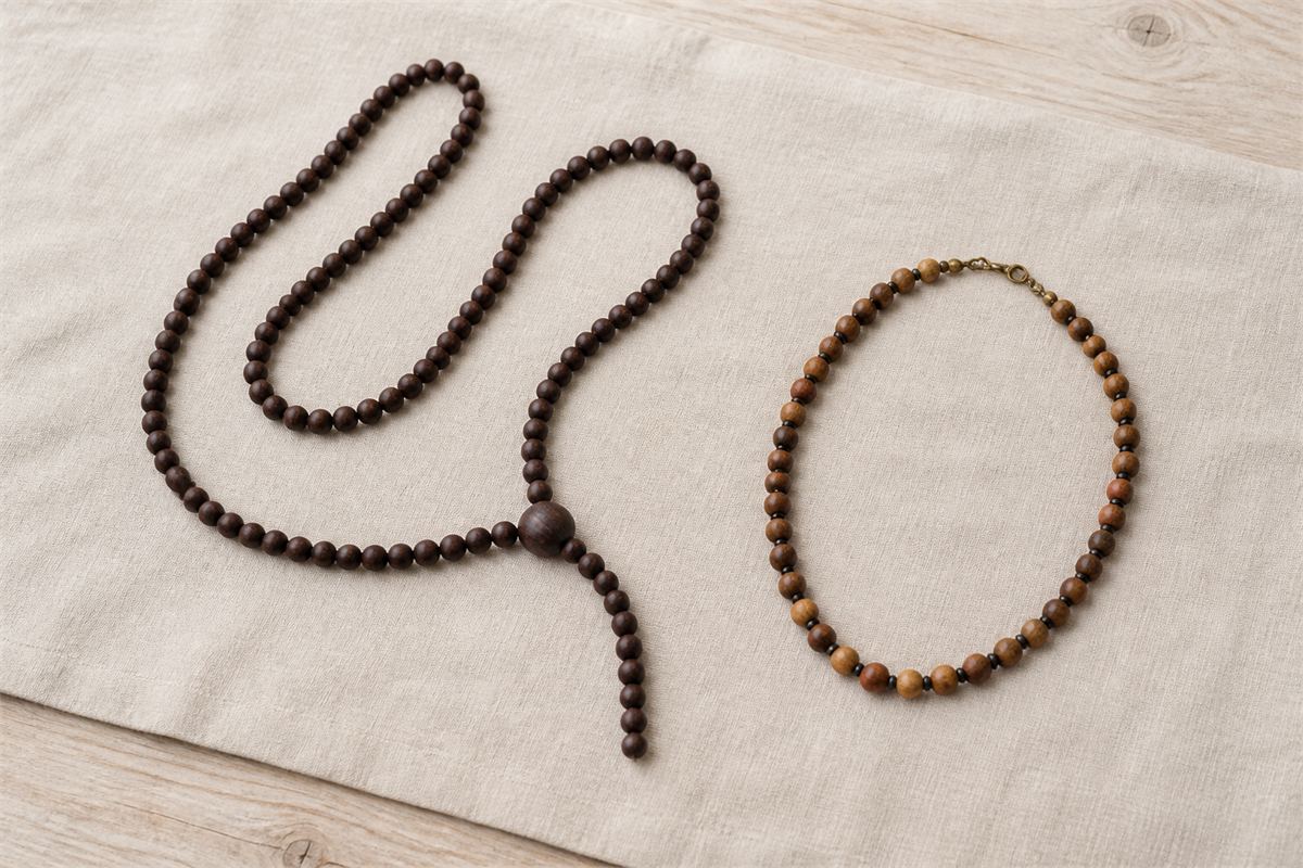 Long dark wooden bead strand beside a shorter clasped fashion necklace on cream linen