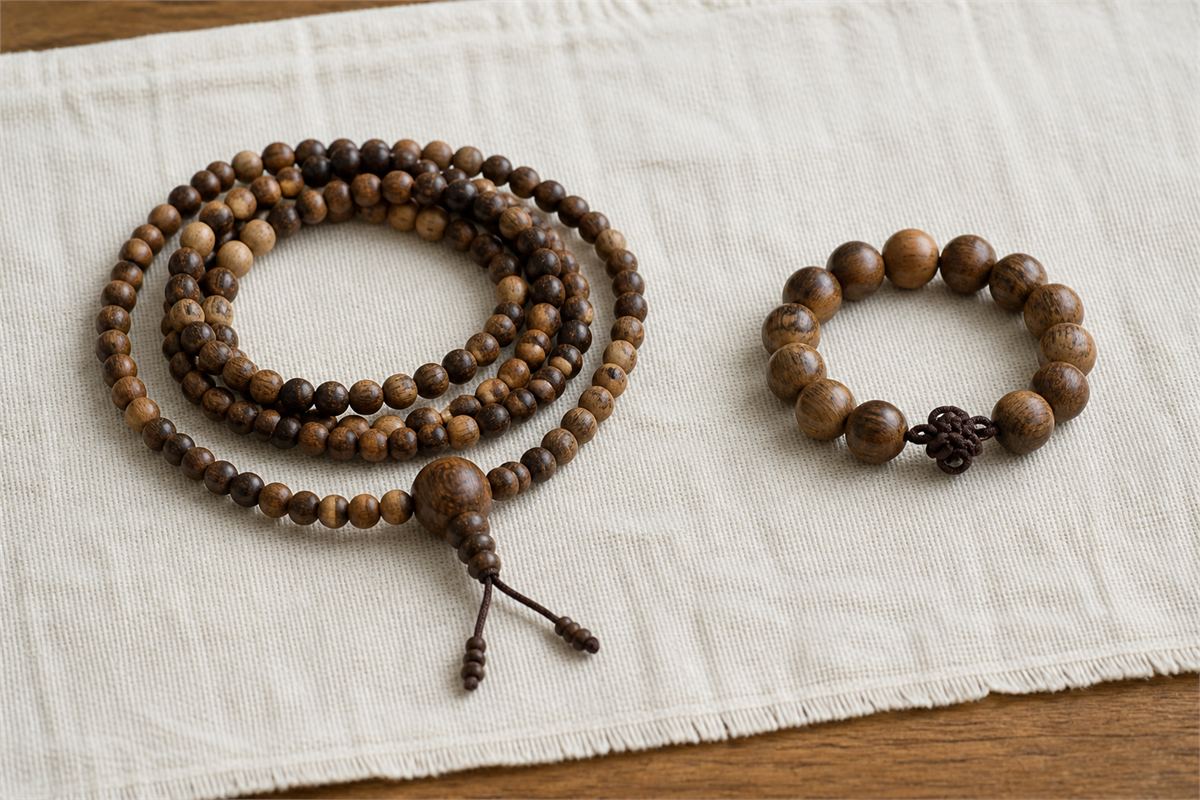 Long wooden bead strand beside a shorter elastic wrist bracelet