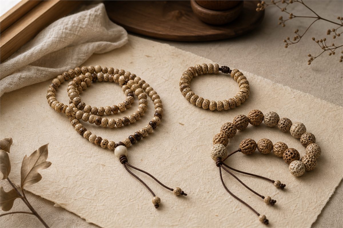 Long seed mala, short wrist bracelet, and larger-bead handling strand arranged separately