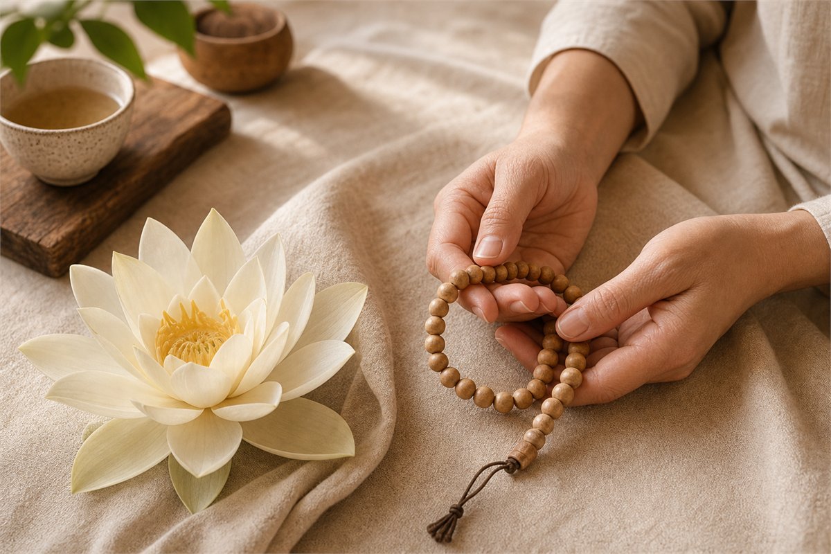 Hands gently holding wooden mala beads beside an ivory lotus in natural window light