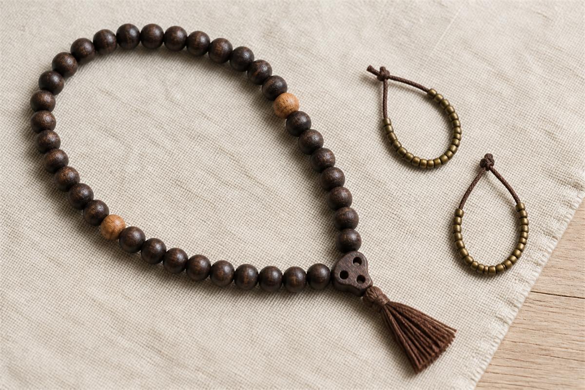 Dark wooden mala with two lighter spacer beads, a three-hole terminal connector, tassel, and separate brass counter loops