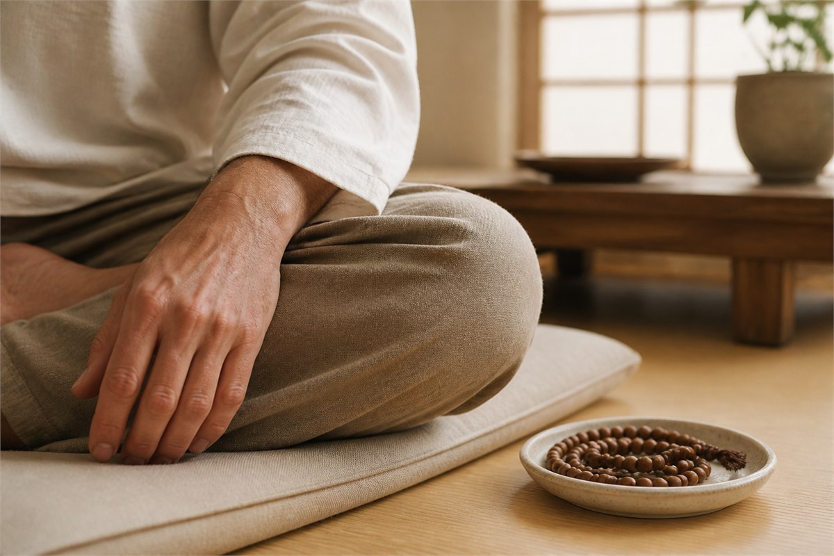 Seated man resting his hand beside his knee with a wooden mala placed in a ceramic dish
