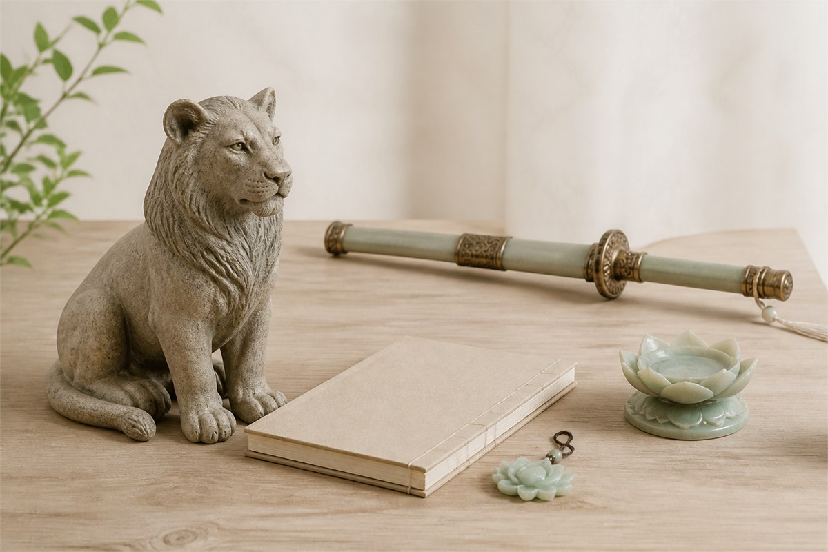 Natural lion sculpture beside a blank book, lotus stand, sheathed sword, and small jade pendant
