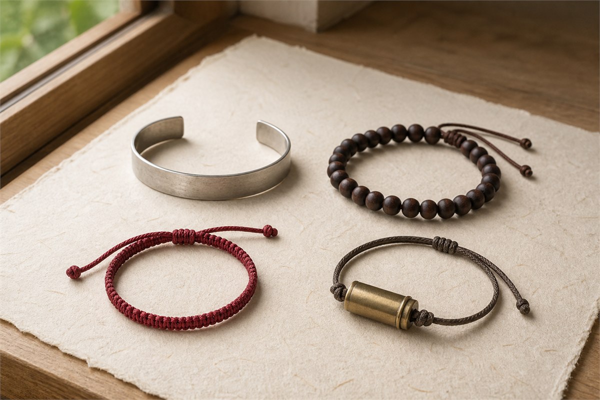 Blank silver cuff, wooden bead bracelet, red woven bracelet, and brass cylinder bracelet on ivory paper