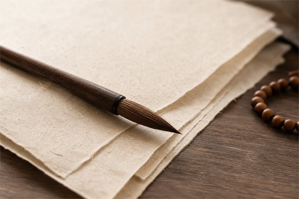 Calligraphy brush resting across layered handmade paper with wooden beads softly out of focus